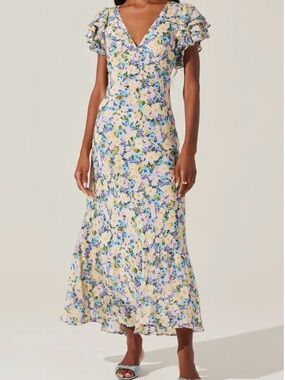 Astr Yellow Floral V-Neck Ruffle-Sleeve Maxi Dress